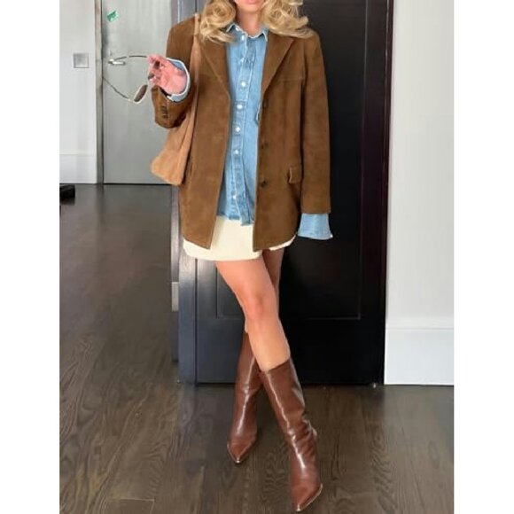 Oversized Faux Leather Blazer Jacket Mid-Thigh Length Long Sleeve - Picture 5 of 5